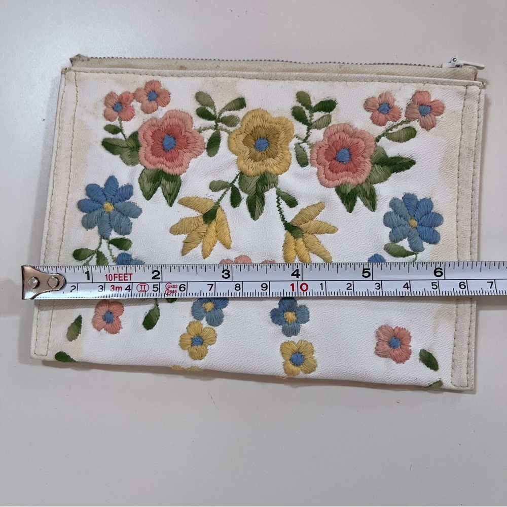 Vintage 40 50 Retro white Leather Pastel embroidered Cottagecore Clutch mini Bag - Picture 9 of 16